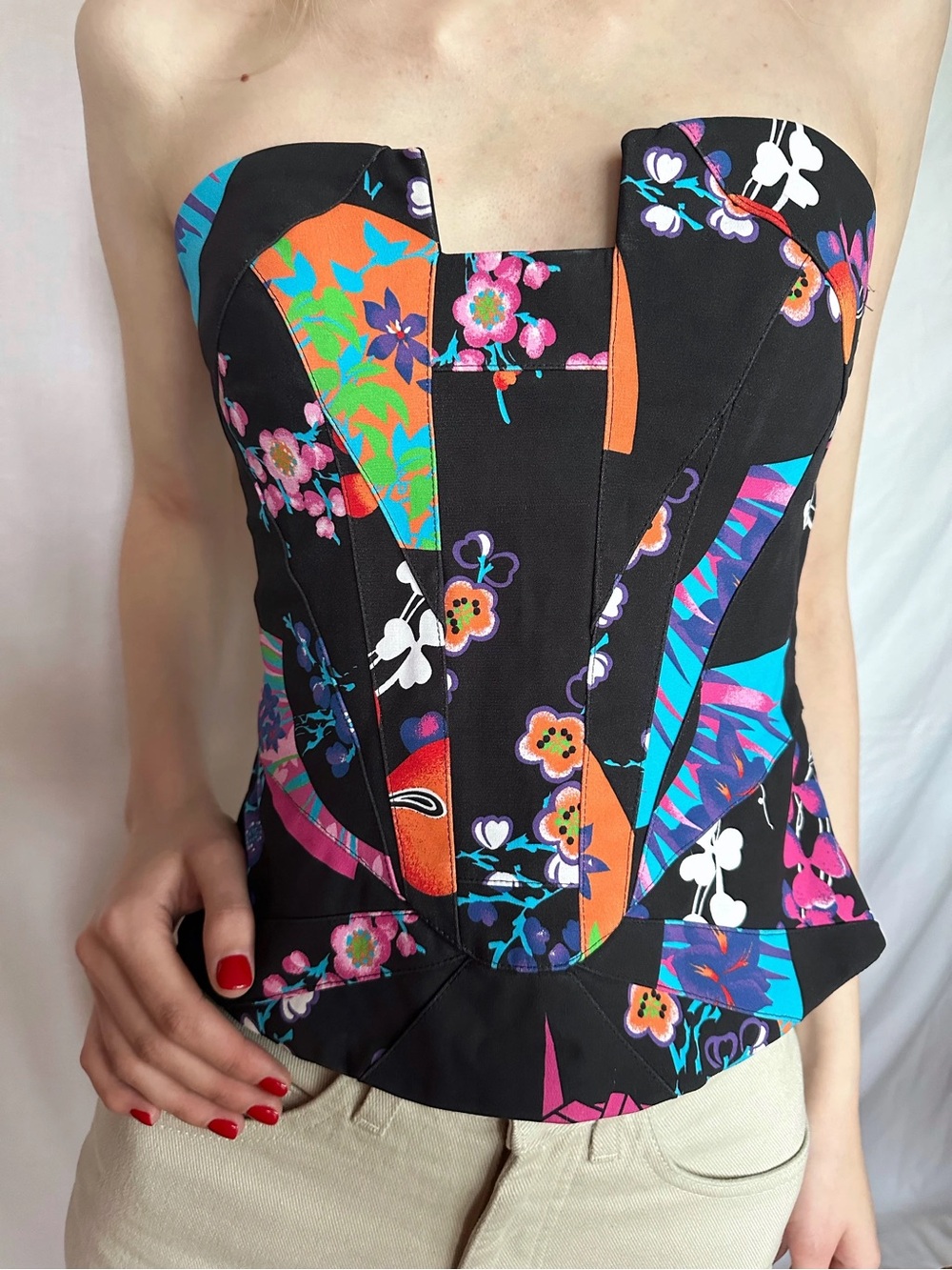 Versace for H&M Black Floral Patchwork Crop Top with Gold Buttons